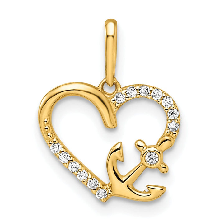 Lovely Rita's Pendants & Charms 14k Yellow Gold Polished Finish Open Back Women's Cubic Zirconia Stones Heart with Anchor Design Charm Pendant