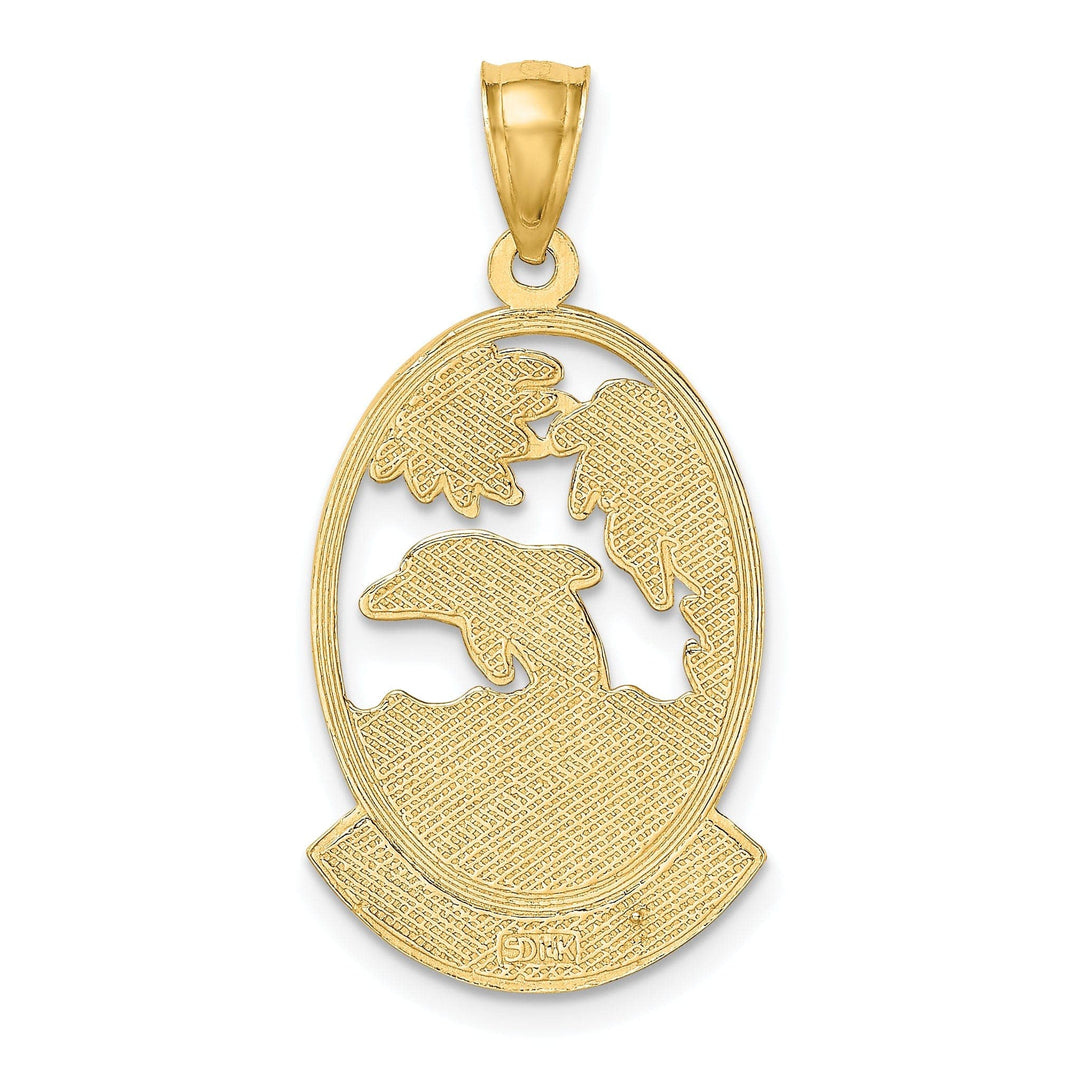Lovely Rita's Pendants & Charms 14K Yellow Gold Polished Finish PUERTO RICO with Dolphin Sunset Scene Design Oval Shape Charm Pendant
