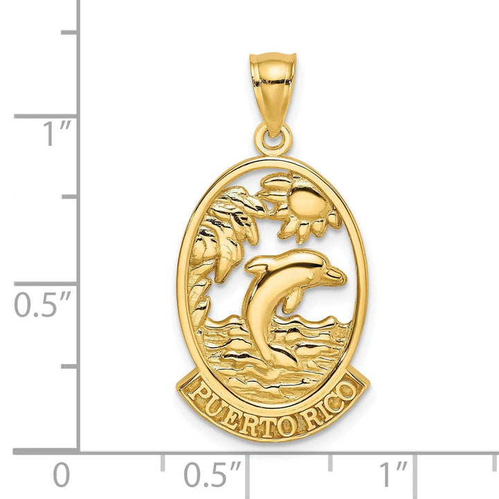 Lovely Rita's Pendants & Charms 14K Yellow Gold Polished Finish PUERTO RICO with Dolphin Sunset Scene Design Oval Shape Charm Pendant