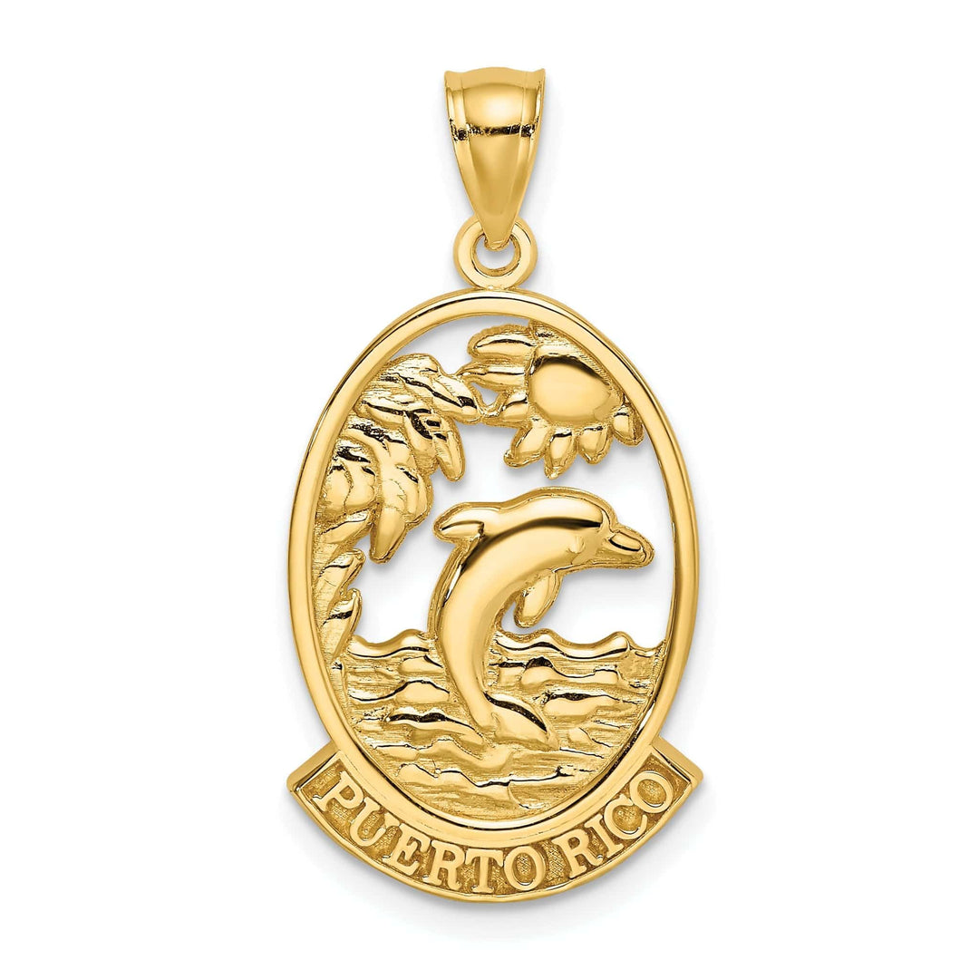 Lovely Rita's Pendants & Charms 14K Yellow Gold Polished Finish PUERTO RICO with Dolphin Sunset Scene Design Oval Shape Charm Pendant