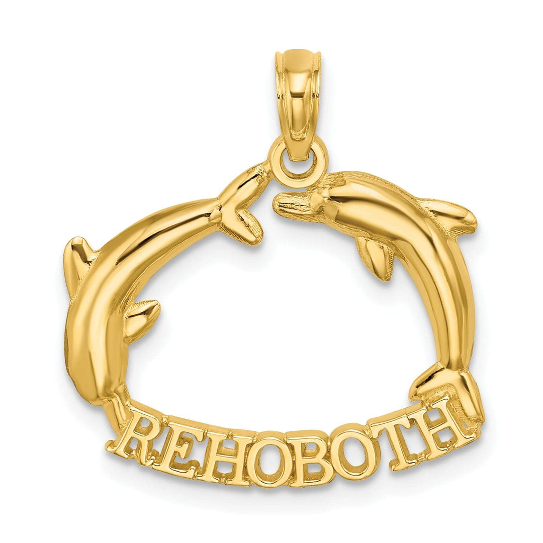 Lovely Rita's Pendants & Charms 14K Yellow Gold Polished Finish REHOBOTH Banner with Double Jumping Dolphins Charm Pendant