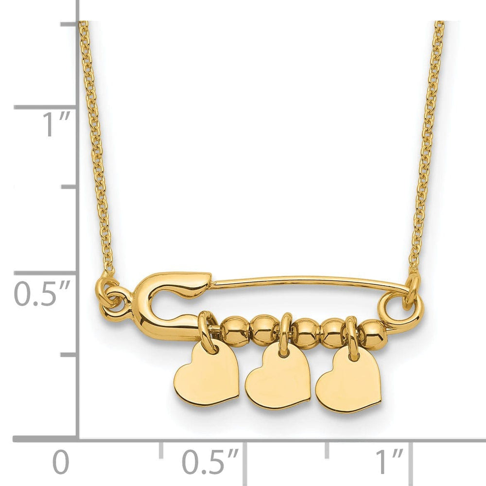 Lovely Rita's Pendants & Charms 14K Yellow Gold Polished Finish Safety Pin with Dangle 3-Hearts Design with 17-inch Cable Chain Necklace