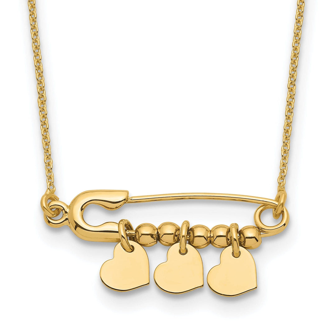 Lovely Rita's Pendants & Charms 14K Yellow Gold Polished Finish Safety Pin with Dangle 3-Hearts Design with 17-inch Cable Chain Necklace