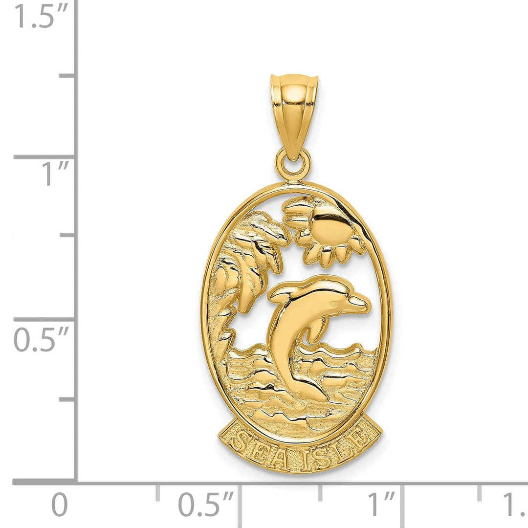 Lovely Rita's Pendants & Charms 14K Yellow Gold Polished Finish SEA ISLE Dolphin with Sunset Scene Design Oval Shape Charm Pendant