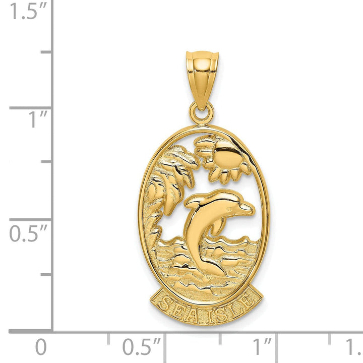 Lovely Rita's Pendants & Charms 14K Yellow Gold Polished Finish SEA ISLE Dolphin with Sunset Scene Design Oval Shape Charm Pendant