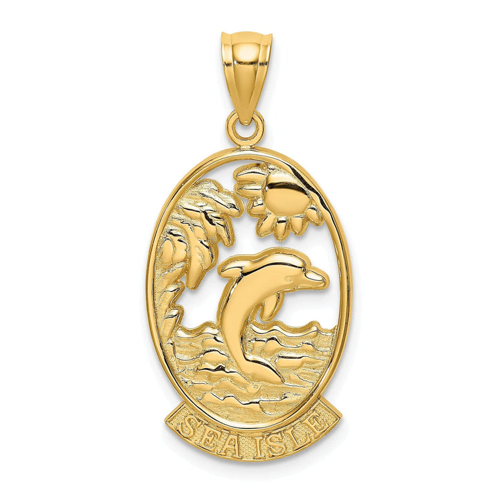Lovely Rita's Pendants & Charms 14K Yellow Gold Polished Finish SEA ISLE Dolphin with Sunset Scene Design Oval Shape Charm Pendant