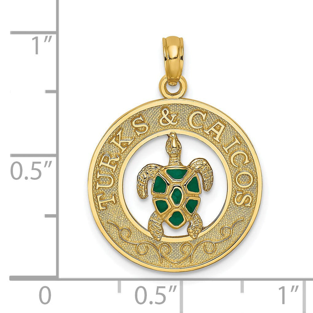Lovely Rita's Pendants & Charms 14K Yellow Gold Polished Green Enameled Finish TURKS & CAICOS Circle Design with Turtle Charm Pendant