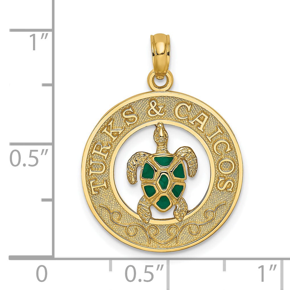 Lovely Rita's Pendants & Charms 14K Yellow Gold Polished Green Enameled Finish TURKS & CAICOS Circle Design with Turtle Charm Pendant
