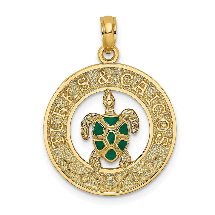 Lovely Rita's Pendants & Charms 14K Yellow Gold Polished Green Enameled Finish TURKS & CAICOS Circle Design with Turtle Charm Pendant
