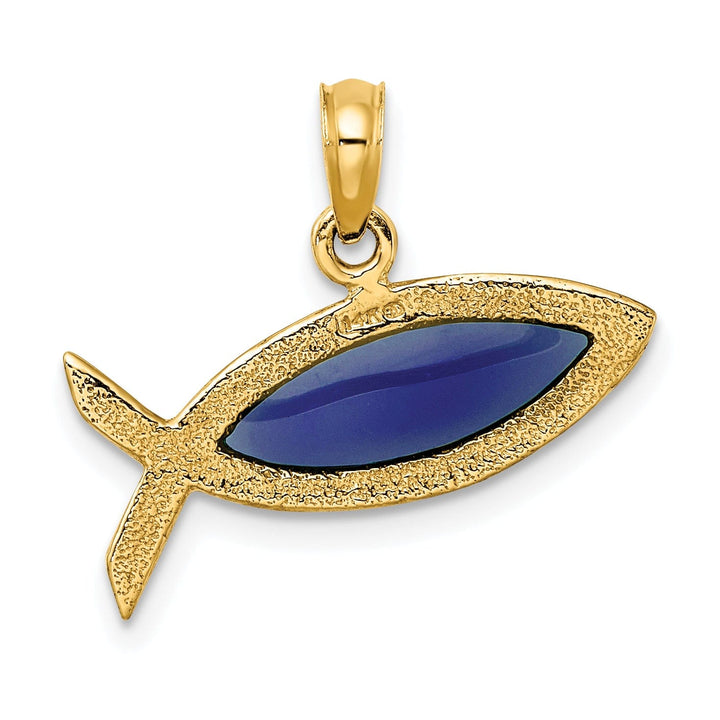 Lovely Rita's Pendants & Charms 14K Yellow Gold Polished Horizontal Blue Finish Ichthus Fish Pendant