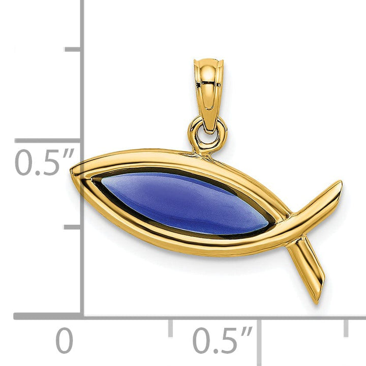 Lovely Rita's Pendants & Charms 14K Yellow Gold Polished Horizontal Blue Finish Ichthus Fish Pendant
