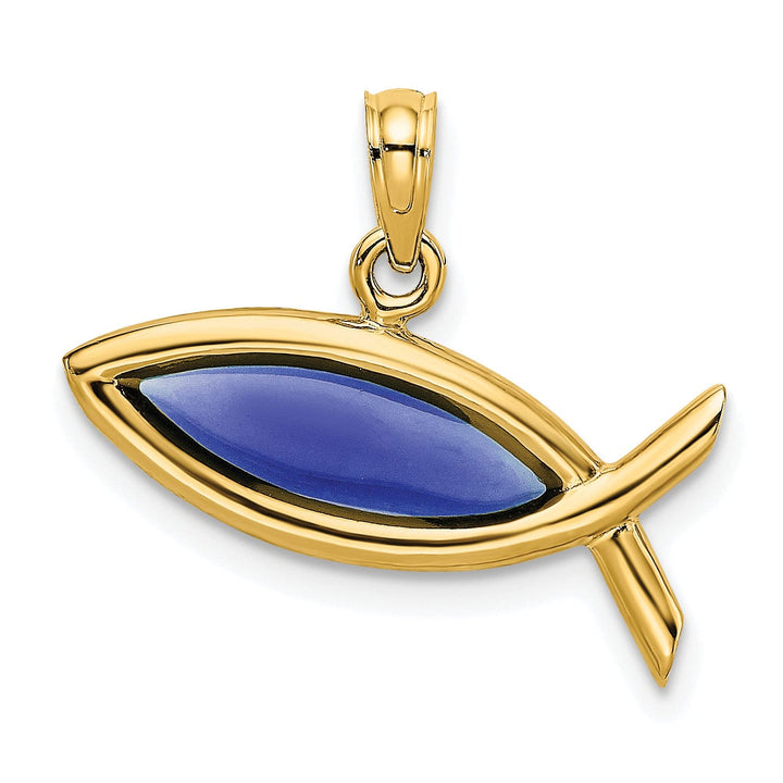 Lovely Rita's Pendants & Charms 14K Yellow Gold Polished Horizontal Blue Finish Ichthus Fish Pendant