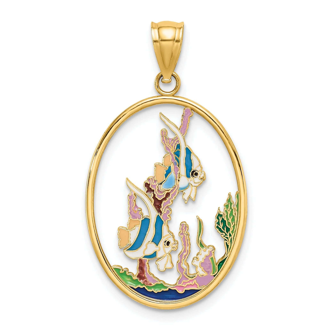 Lovely Rita's Pendants & Charms 14K Yellow Gold Polished Mutli-Color  Enamel Finish Oval Shape Angelfish In Underwater Scene Charm Pendant