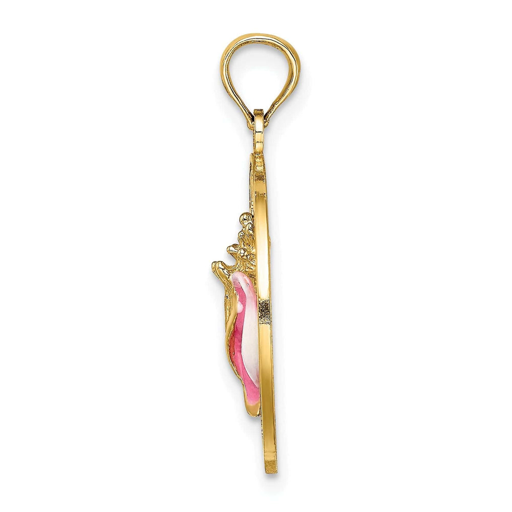 Lovely Rita's Pendants & Charms 14K Yellow Gold Polished Pink Enameled Finish  ANTIGUA, W.I Circle Design with Conch Shell Charm Pendant