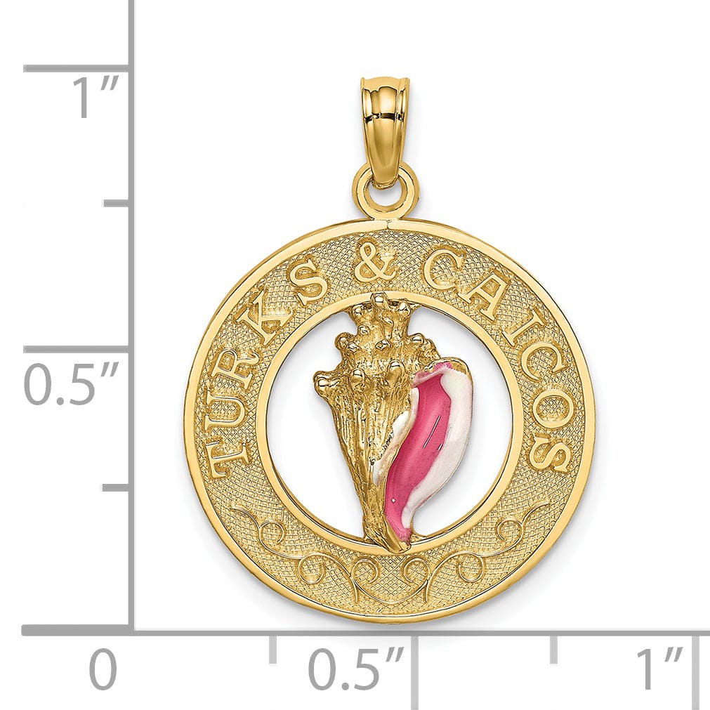 Lovely Rita's Pendants & Charms 14K Yellow Gold Polished Pink, White Enameled Finish TURKS & CAICOS Circle Design with Conch Shell Charm Pendant