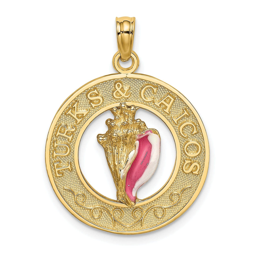 Lovely Rita's Pendants & Charms 14K Yellow Gold Polished Pink, White Enameled Finish TURKS & CAICOS Circle Design with Conch Shell Charm Pendant