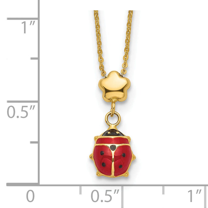 Lovely Rita's Pendants & Charms 14k Yellow Gold Polished Red, Black Enameled Finish Hollow Ladybug with Flower Design Pendant in a 16.5-inch Cable Chain Necklace Set