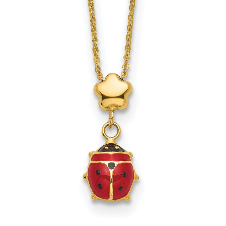 Lovely Rita's Pendants & Charms 14k Yellow Gold Polished Red, Black Enameled Finish Hollow Ladybug with Flower Design Pendant in a 16.5-inch Cable Chain Necklace Set