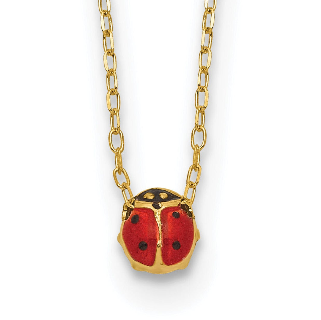 Lovely Rita's Pendants & Charms 14k Yellow Gold Polished Red, Black Enameled Finish Small Size Hollow Ladybug Pendant in a 16.5-inch Cable Chain Necklace Set