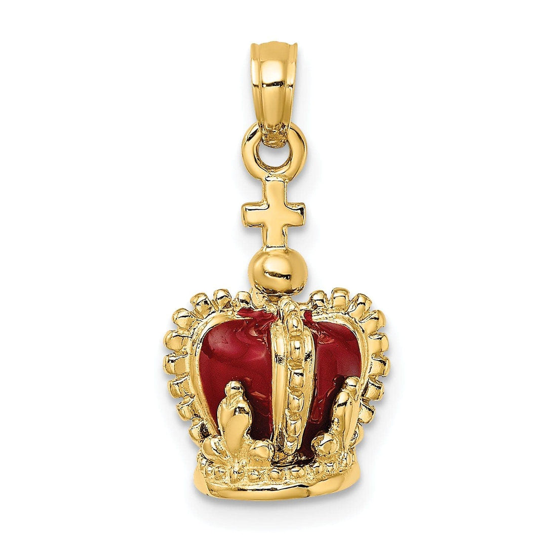 Lovely Rita's Pendants & Charms 14K Yellow Gold Polished Red Enamel Finish 3-Dimensional Beaded Design Crown with Cross on Top Charm Pendant