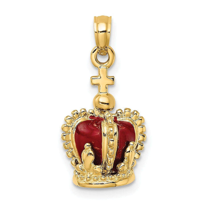 Lovely Rita's Pendants & Charms 14K Yellow Gold Polished Red Enamel Finish 3-Dimensional Beaded Design Crown with Cross on Top Charm Pendant