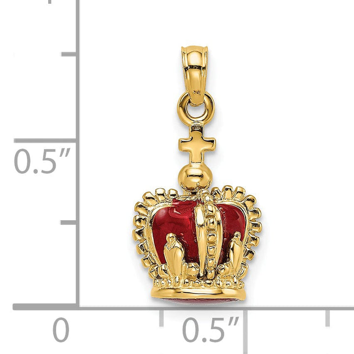 Lovely Rita's Pendants & Charms 14K Yellow Gold Polished Red Enamel Finish 3-Dimensional Beaded Design Crown with Cross on Top Charm Pendant