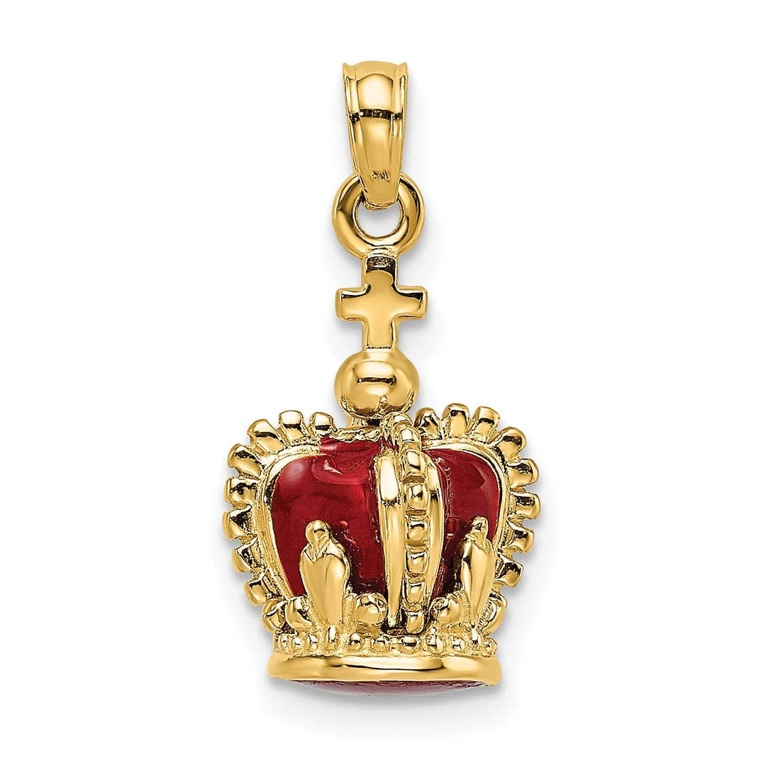 Lovely Rita's Pendants & Charms 14K Yellow Gold Polished Red Enamel Finish 3-Dimensional Beaded Design Crown with Cross on Top Charm Pendant