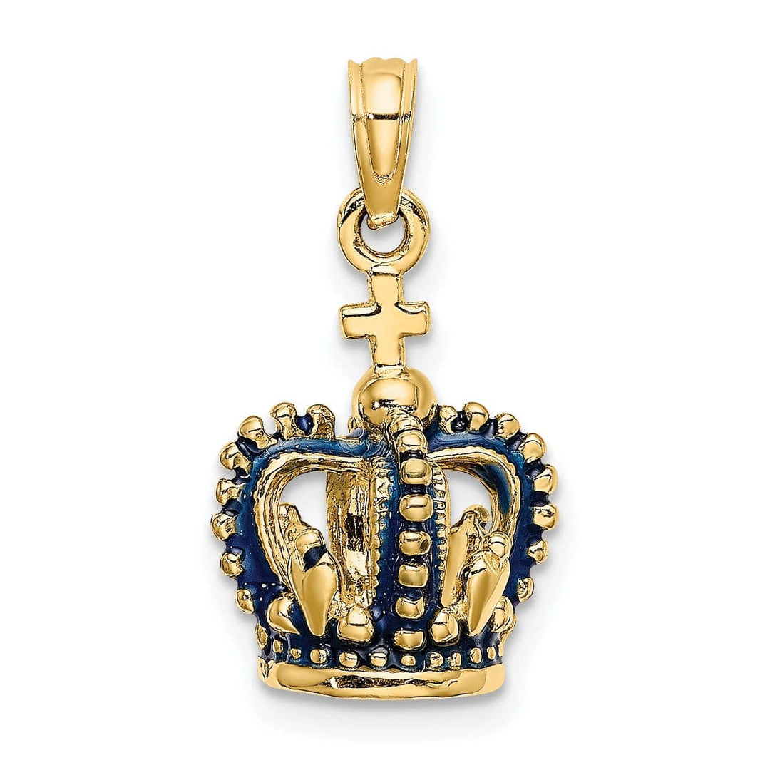 Lovely Rita's Pendants & Charms 14K Yellow Gold Polished Solid Blue Enamel Finish 3-Dimensional Beaded Design Crown with Cross on Top Charm Pendant