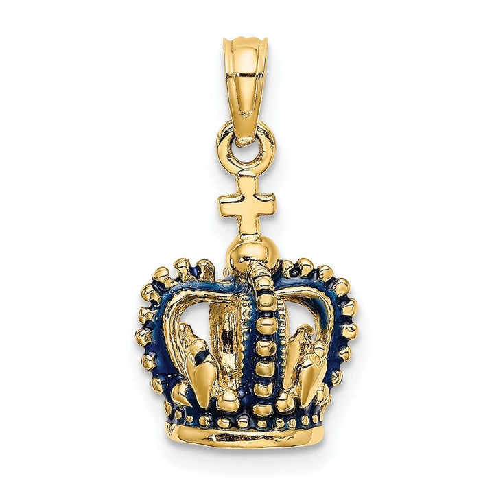 Lovely Rita's Pendants & Charms 14K Yellow Gold Polished Solid Blue Enamel Finish 3-Dimensional Beaded Design Crown with Cross on Top Charm Pendant