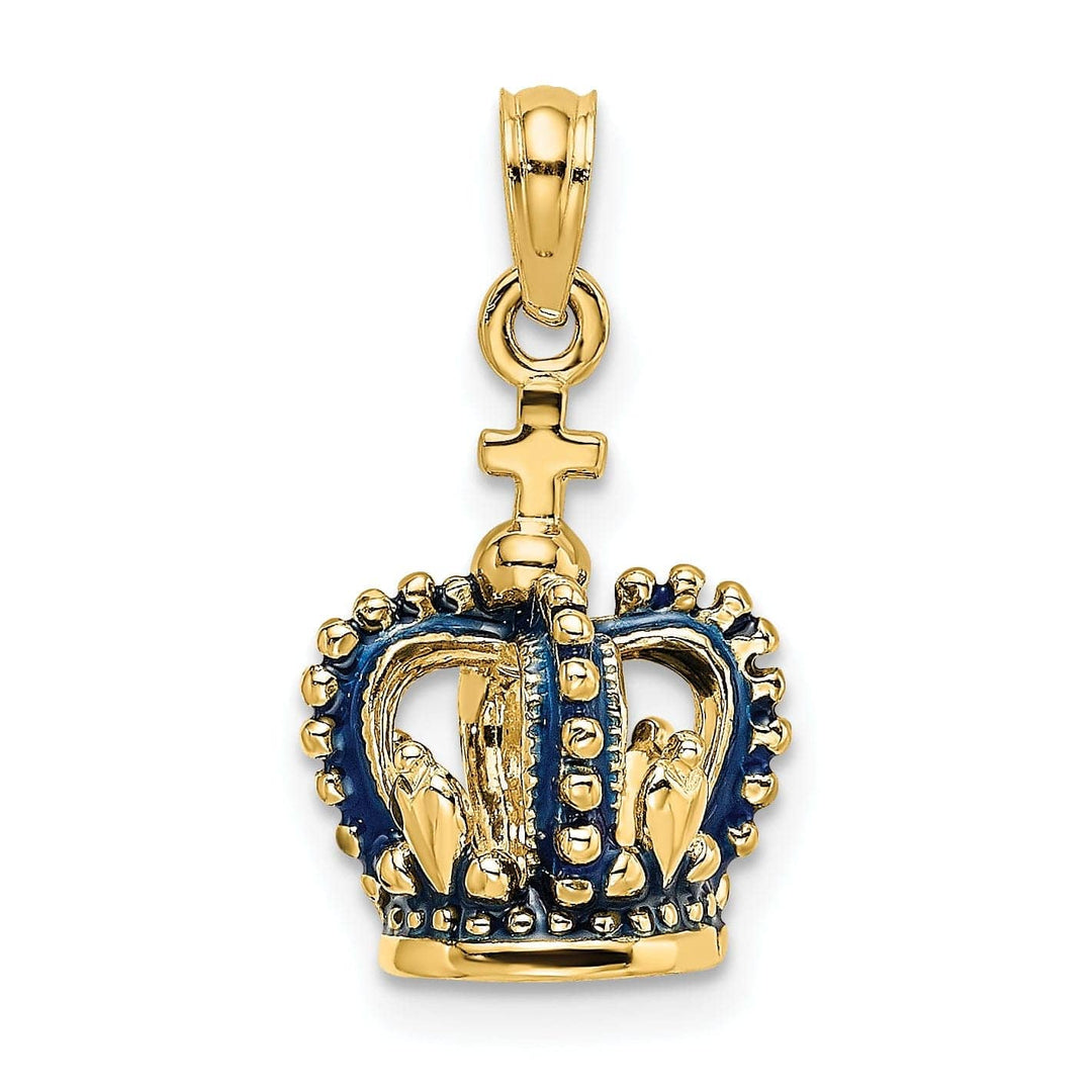 Lovely Rita's Pendants & Charms 14K Yellow Gold Polished Solid Blue Enamel Finish 3-Dimensional Beaded Design Crown with Cross on Top Charm Pendant