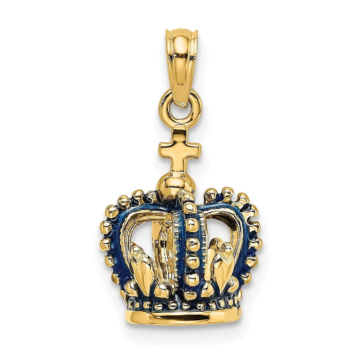 Lovely Rita's Pendants & Charms 14K Yellow Gold Polished Solid Blue Enamel Finish 3-Dimensional Beaded Design Crown with Cross on Top Charm Pendant