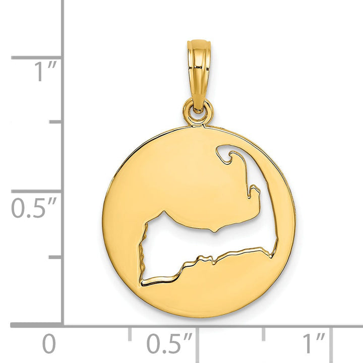 Lovely Rita's Pendants & Charms 14K Yellow Gold Polished Texture Finish Cut Out Map Shape of CAPE COD In Circle Design Charm Pendant