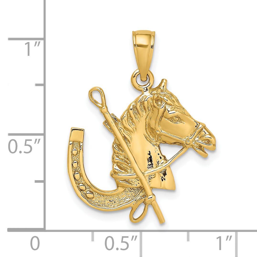 Lovely Rita's Pendants & Charms 14K Yellow Gold Polished Texture Finish Horse Head with Shoe and Crop Charm Pendant
