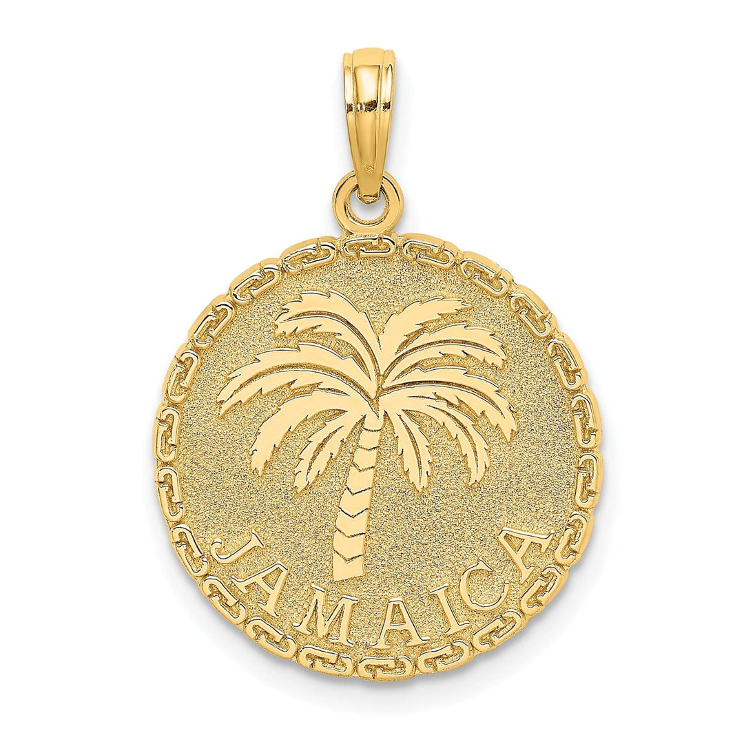 Lovely Rita's Pendants & Charms 14K Yellow Gold Polished Texture Finish JAMAICA & Palm Tree in Round Disk Shape Charm Pendant