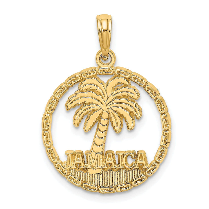 Lovely Rita's Pendants & Charms 14K Yellow Gold Polished Texture Finish JAMAICA & Palm Tree with Banner Sign in Round Disk Shape Charm Pendant