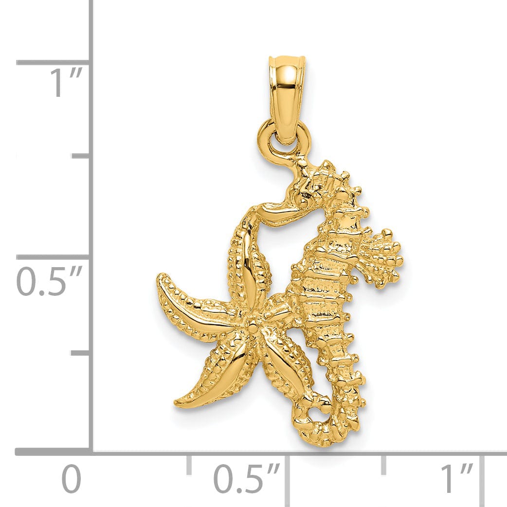 Lovely Rita's Pendants & Charms 14K Yellow Gold Polished Texture Finish Solid Starfish and Seahorse Design Charm Pendant