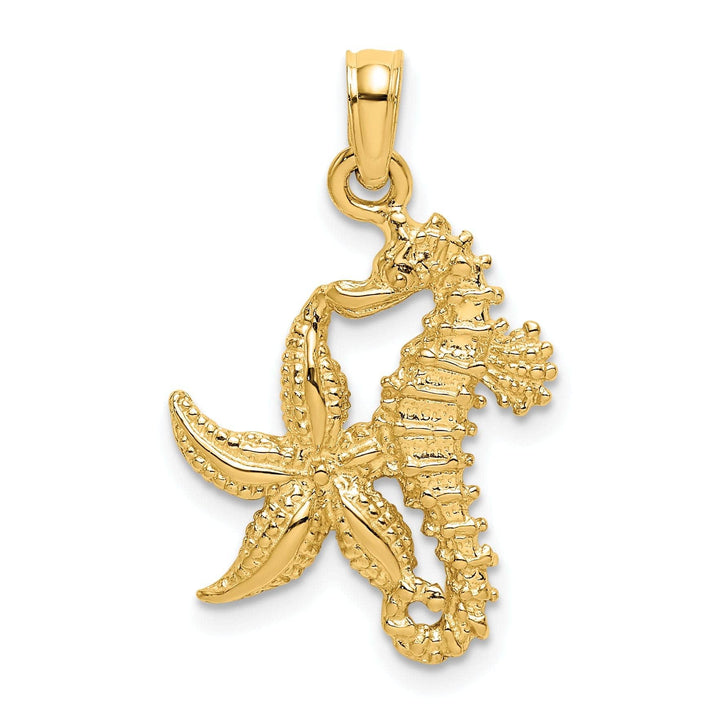 Lovely Rita's Pendants & Charms 14K Yellow Gold Polished Texture Finish Solid Starfish and Seahorse Design Charm Pendant