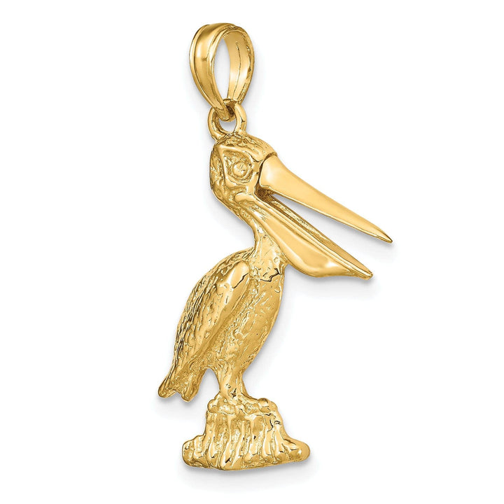Lovely Rita's Pendants & Charms 14K Yellow Gold Polished Textured Finish 3-Dimensional Large Size Standing on Piling Pelican with Moveable Mouth Charm Pendant