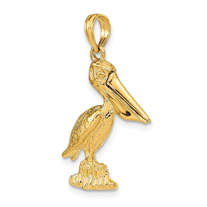 Lovely Rita's Pendants & Charms 14K Yellow Gold Polished Textured Finish 3-Dimensional Large Size Standing on Piling Pelican with Moveable Mouth Charm Pendant
