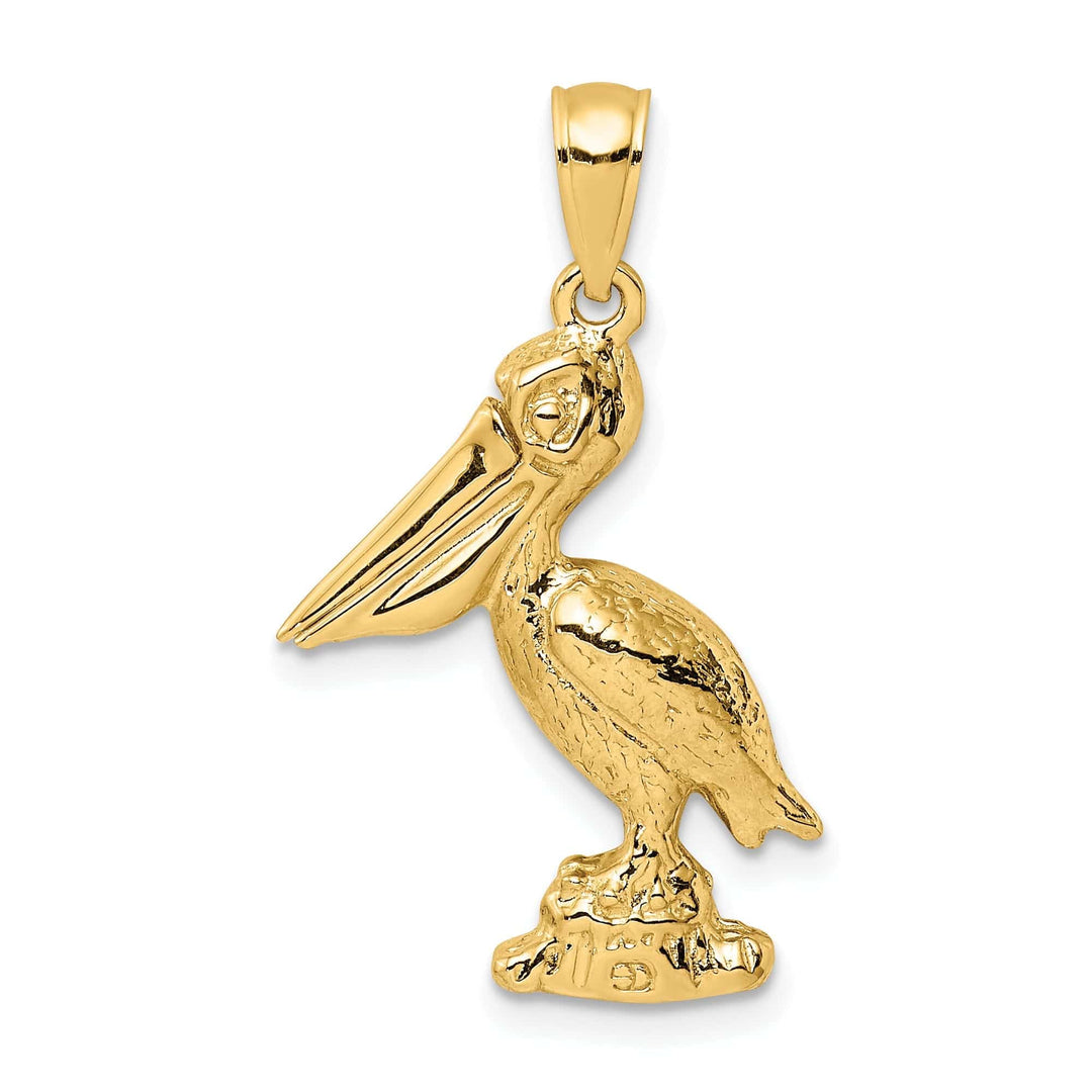 Lovely Rita's Pendants & Charms 14K Yellow Gold Polished Textured Finish 3-Dimensional Large Size Standing on Piling Pelican with Moveable Mouth Charm Pendant