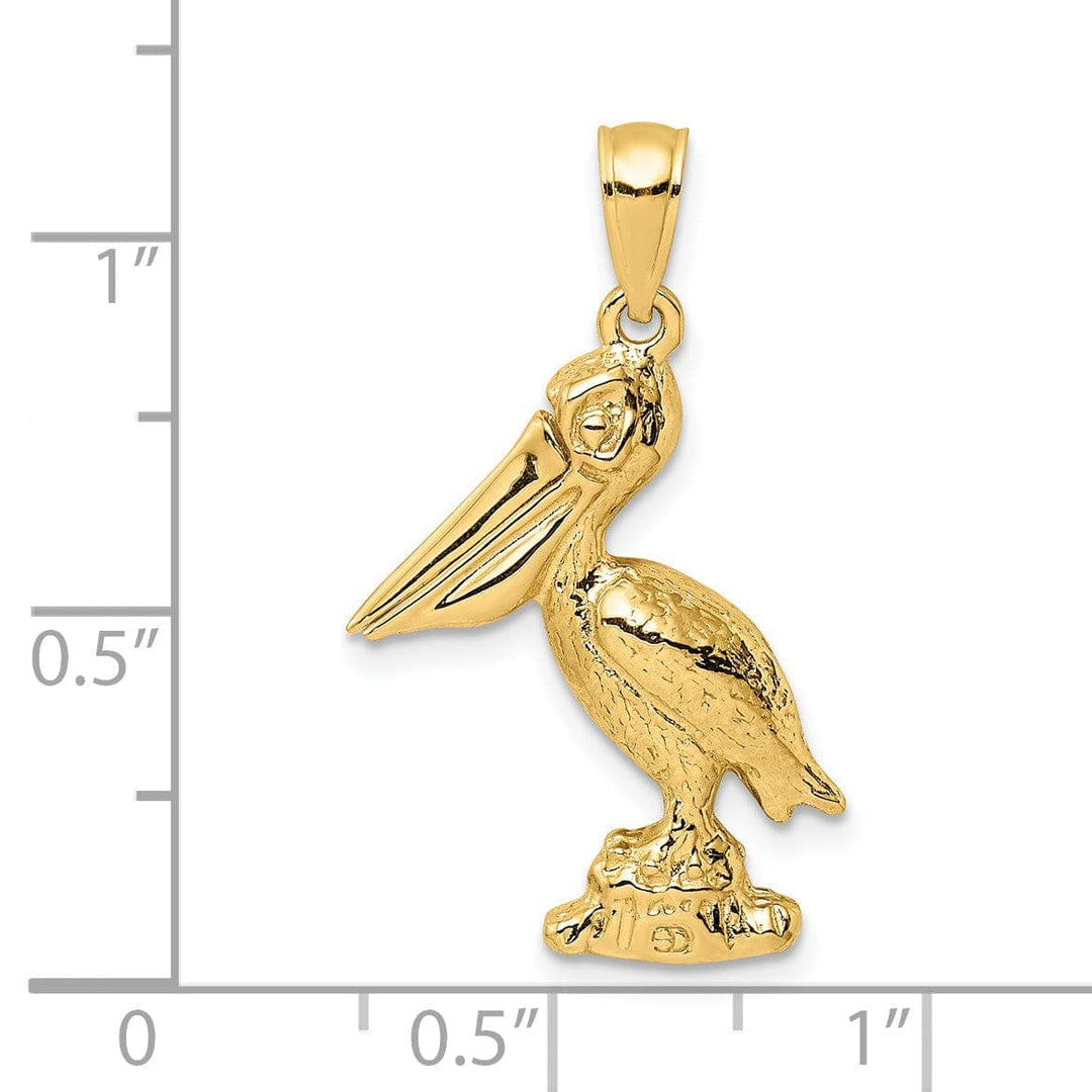 Lovely Rita's Pendants & Charms 14K Yellow Gold Polished Textured Finish 3-Dimensional Large Size Standing on Piling Pelican with Moveable Mouth Charm Pendant