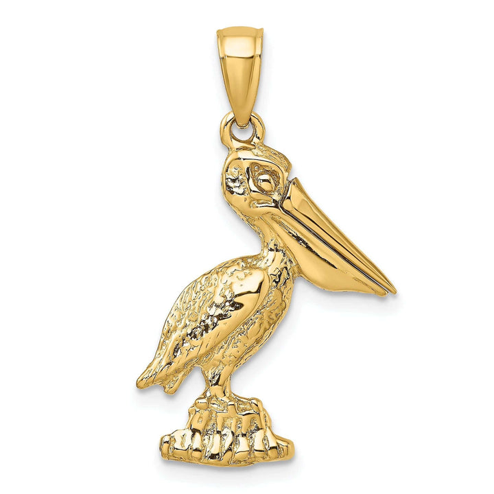 Lovely Rita's Pendants & Charms 14K Yellow Gold Polished Textured Finish 3-Dimensional Large Size Standing on Piling Pelican with Moveable Mouth Charm Pendant