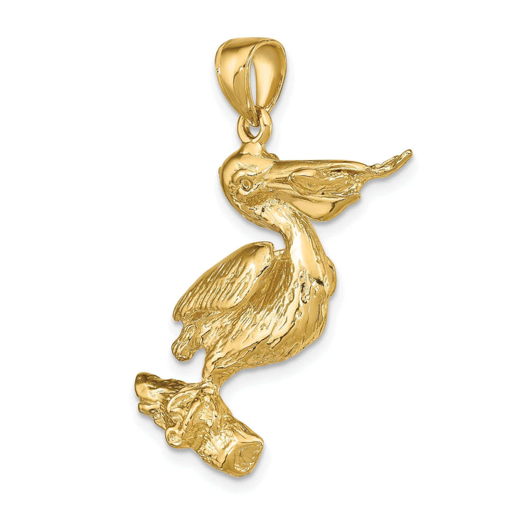 Lovely Rita's Pendants & Charms 14K Yellow Gold Polished Textured Finish 3-Dimensional Pelican with Fish In Mouth Charm Pendant