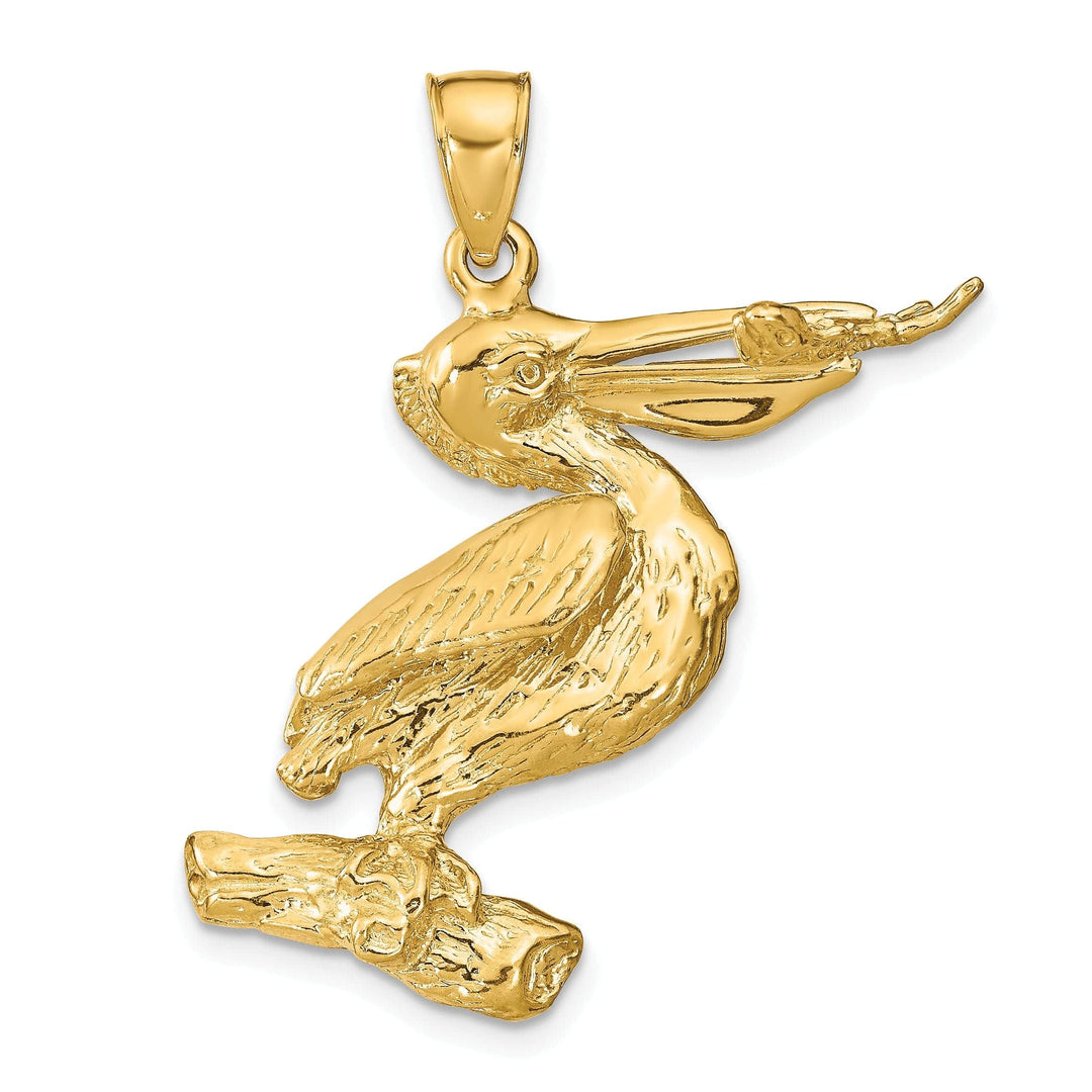 Lovely Rita's Pendants & Charms 14K Yellow Gold Polished Textured Finish 3-Dimensional Pelican with Fish In Mouth Charm Pendant