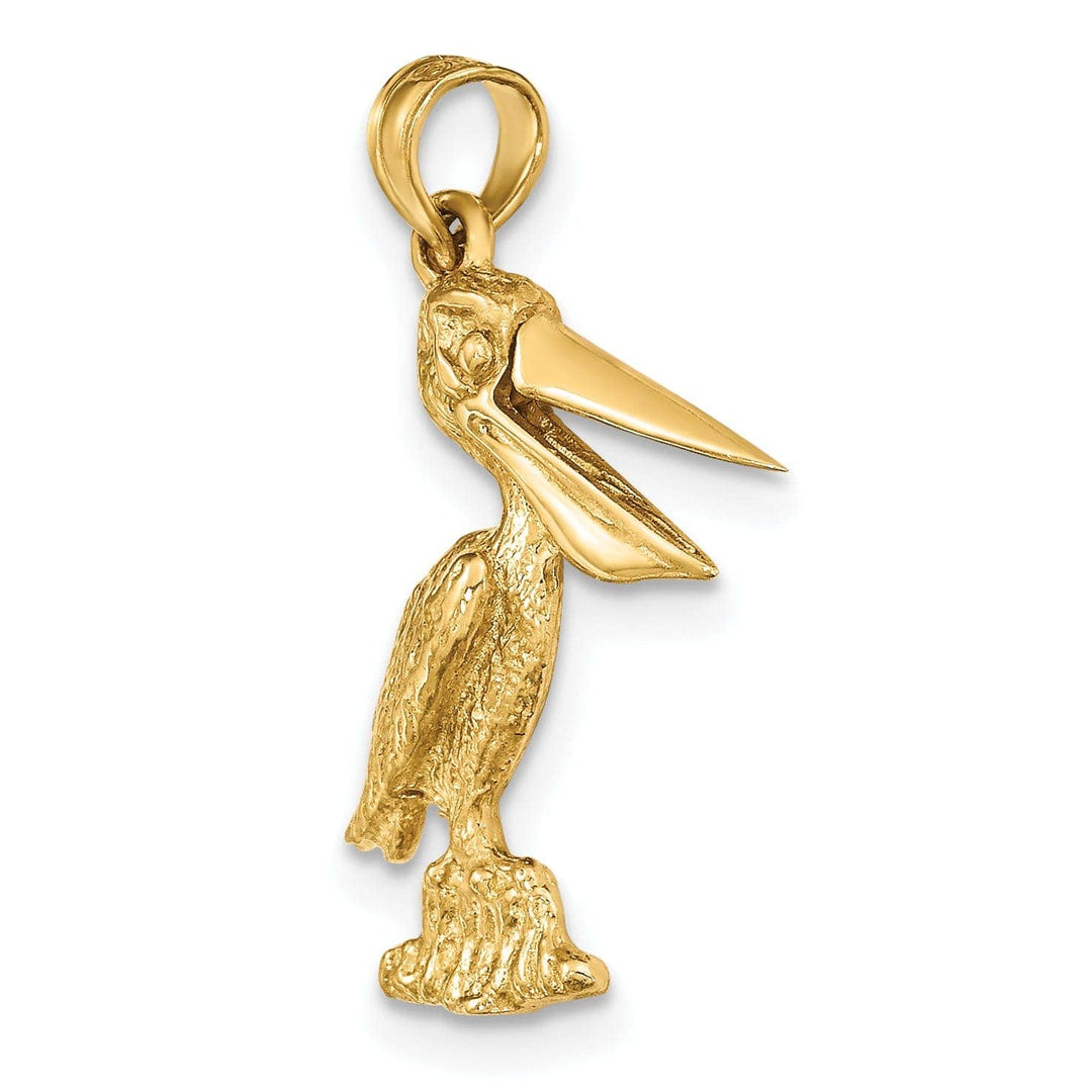 Lovely Rita's Pendants & Charms 14K Yellow Gold Polished Textured Finish 3-Dimensional Standing on Piling Pelican with Moveable Mouth Charm Pendant