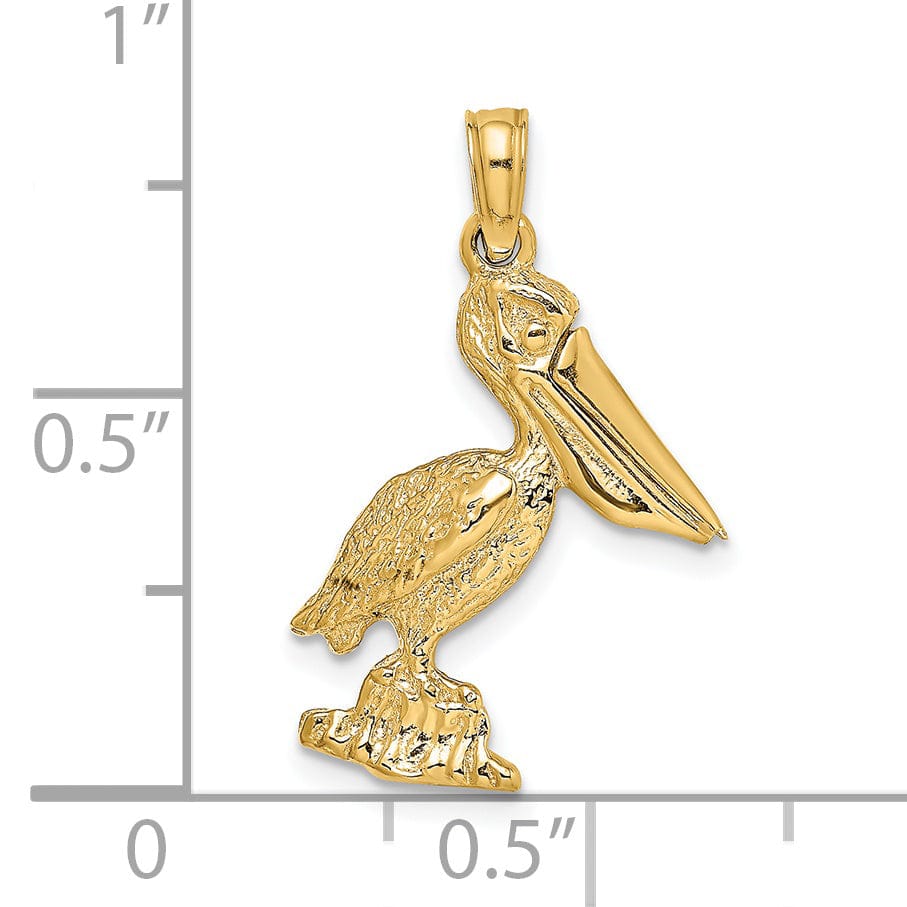 Lovely Rita's Pendants & Charms 14K Yellow Gold Polished Textured Finish 3-Dimensional Standing on Piling Pelican with Moveable Mouth Charm Pendant