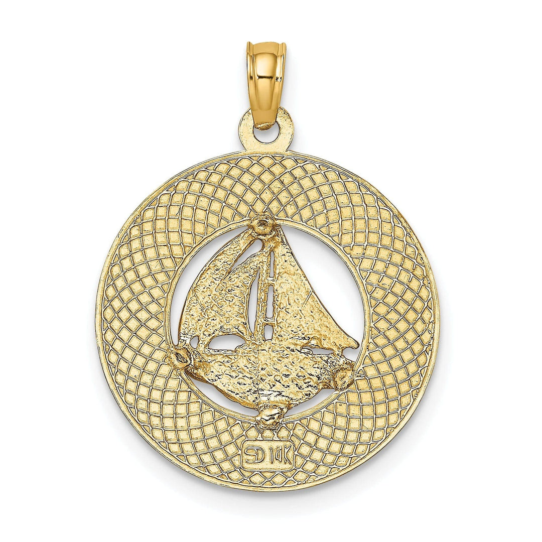 Lovely Rita's Pendants & Charms 14K Yellow Gold Polished Textured Finish ANNAPOLIS Marland Sailboat in Circle Design Charm Pendant