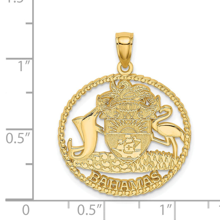 Lovely Rita's Pendants & Charms 14K Yellow Gold Polished Textured Finish BAHAMAS Crest In Round Frame Design Charm Pendant