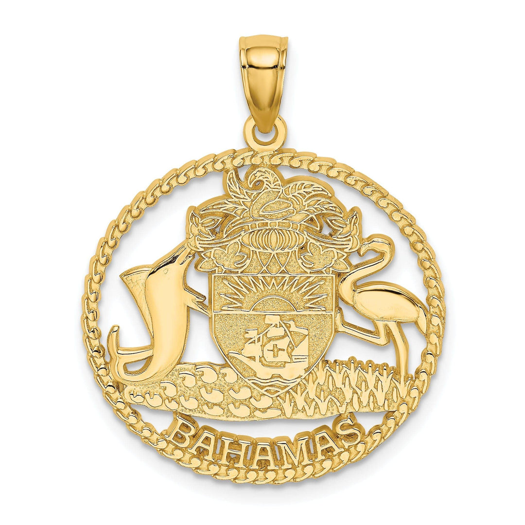 Lovely Rita's Pendants & Charms 14K Yellow Gold Polished Textured Finish BAHAMAS Crest In Round Frame Design Charm Pendant