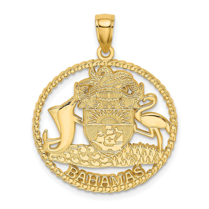 Lovely Rita's Pendants & Charms 14K Yellow Gold Polished Textured Finish BAHAMAS Crest In Round Frame Design Charm Pendant